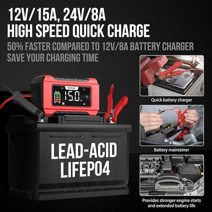 NEXPEAK NC215 15-Amp Battery Charger, 12V 24V LiFePO4 Lead Acid Portable Car Battery Charger 9-Stage Trickle Charger Smart Battery Maintainer w/Temp Compensation for Car Truck Lawn Mower Boat Marine