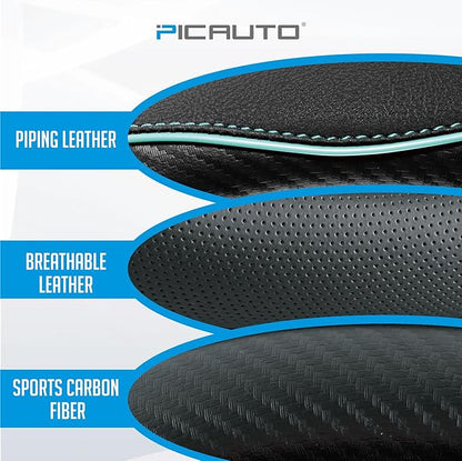 PIC AUTO Steering Wheel Cover, Mint Piping Leather, Sports Carbon Fiber and Super Breathable Leather, Universal 14.5-15.5 Inch Anti-Slip Steering Wheels Accessories for Men & Women