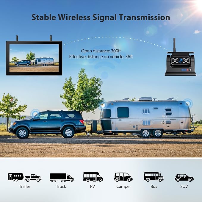 4 Magnetic Solar Wireless Backup Camera HD1080P DVR 10.1" Touchscreen Monitor, Quad RV Rearview Backup Cameras Wireless System for RV Trailer Tractor, Built-in 9600mAh Solar Battery, BL104