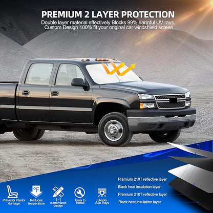 Windshield Sun Shade for Ch-evro-let/Chevy Silverado 1500 1500HD 1999-2006 Foldable Sunshade Custom Fit Front Window Car Interior Accessories Protector Blocks UV Rays