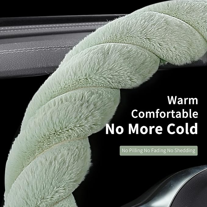 Luxury Fluffy Winter Car Steering Wheel Cover for Women Soft Warm Cute Auto Accessories for Jeep, Truck, Van, F150, Universal, Fuzzy, Anti Slip, Green, Large Size, 15.2-16in