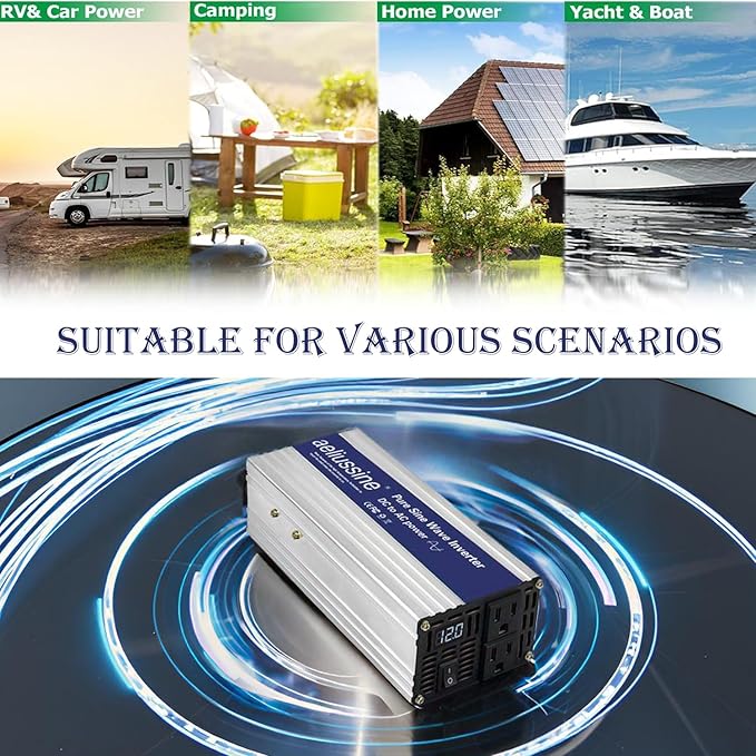 1200W Pure Sine Wave Inverter-48V DC to 110V 120V AC Power Converter with 2 AC Outlets, 48 Volt Power Inverter for Truck, Rv, Camping, Home, Emergency Power
