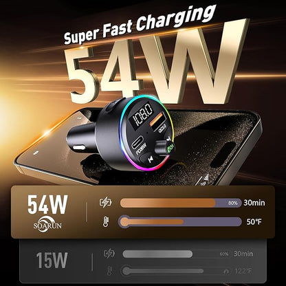 FM Transmitter Bluetooth 5.3, 54W Fast USB Car Charger [PD 36W& QC3.0 18W] Cigarette Lighter Wireless Radio Adapter Supports Hands-Free Call, Aux 3.5mm, 9 Colors LED Backlit