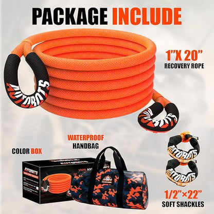 AUTOBOTS Kinetic Recovery Rope 1" x 20'(48,600lbs)+2 Soft Shackles，Heavy Duty Tow Rope Tow Strap for Truck ATV UTV SUV Car，Offroad Recovery Kit