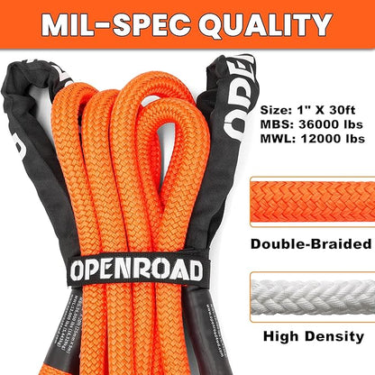 OPENROAD 1" x30ft Kinetic Recovery Rope 36,000LBS Heavy Duty Offroad Tow Strap, 35% Elasticity Snatch Rope for Jeep, Truck, ATV, UTV - Orange (Includes Storage Bag)