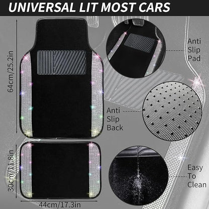 NBTEPEM Multicolor Bling Car Floor Mats Full Set, Universal Fit Most Cars,SUV, Trucks, 4 pcs Sparkle Glitter Diamond Carpet for Women Girls with Anti-Slip Pad (Colorful Diamond)