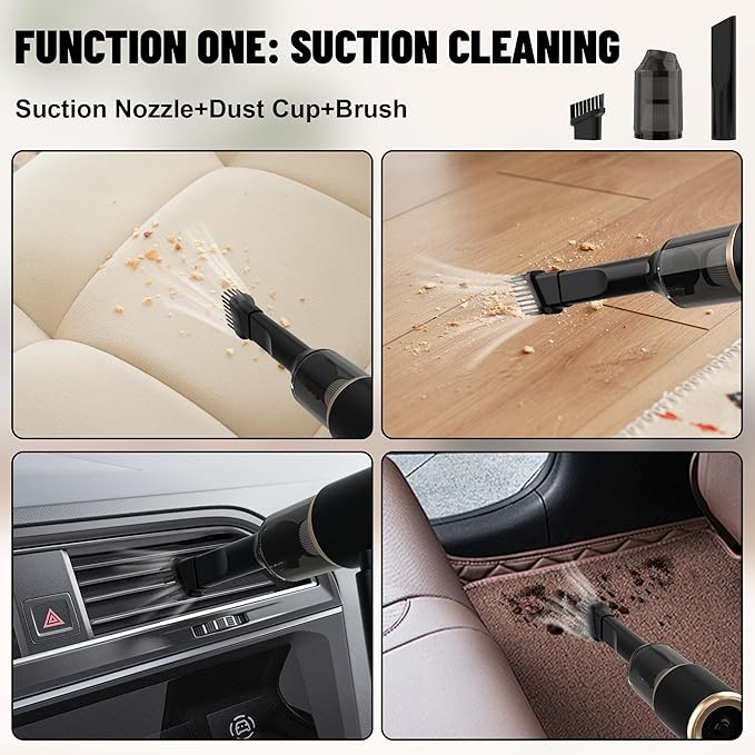 Handheld Car Vacuum Portable Cordless, 12000PA High Power 4 in 1 Vacuum Cleaner & Air Duster & Air Blower with 4000mAh Brushless Motor and Multi-Nozzles for Car, Home, Office, Camping, Pet
