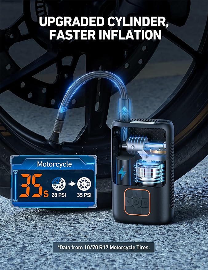 AstroAI Tire Inflator Portable Air Compressor Cordless Ultra-Lightweight Car Tire Pump 150 PSI Bike Pump with LED Lights & Digital Screen Air Pump for Cars, Motorcycles, E-Bikes, Balls-Black,Regular