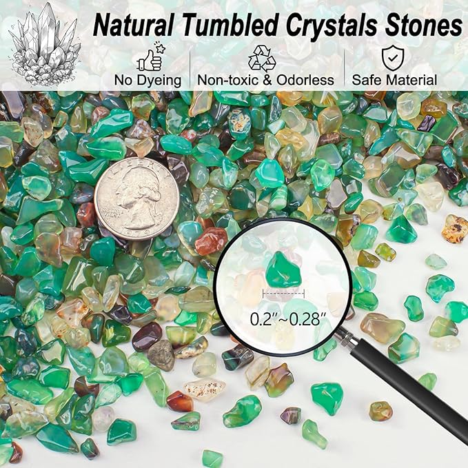 0.5 Lb/230g Green Agate Aquarium Gravel Rocks Crushed Stone Crystal Chips Bulk, Natural Crystal Quartz Stone Pebbles Irregular for Aquarium, Vase Fillers, Succulent Plants Decor - 5-7mm