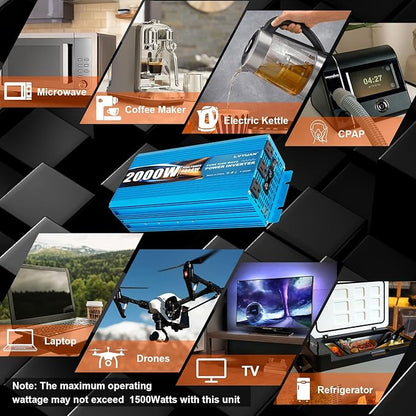 LVYUAN 2000 Watt Pure Sine Wave Inverter 12V to 110V 120V DC to AC with LCD Display, 3 U.S. Outlet, USB Charger Ports, Car Power Inverter for Vehicles, RV, Outdoor, Home