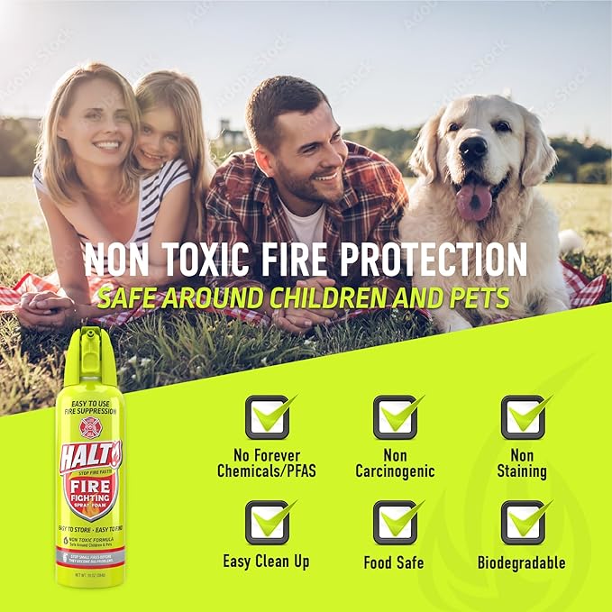 HALT! Fire Fighting Foam Spray – Non-Toxic, PFAS Free, Easy to Use, Store, and Find in Emergency – Compact & Portable – Ideal for Home, Kitchen, Apartment, Car, BBQ, Tailgate – Made in USA (2-Pack)