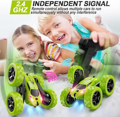 Remote Control Car for Kids Ages 6+, RC Cars Stunt Car Toy 4WD Double Sided 360° Rotating Remote Control with Headlights, Birthday Xmas Gifts for Boys 6 7 8 9 10 11 12 Green