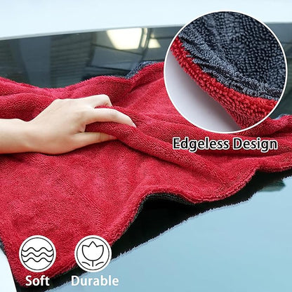 LIVOS Car Drying Towel, Premium Microfiber Towels for Cars, 1000GSM, Edgeless Twisted Loop Design, No Streaks, Scratches, or Water Spot, Absorbent Wash Towel, 18" x 24" (Red&Grey)