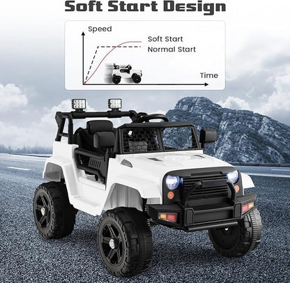 OLAKIDS Kids Ride On Truck, 12V Electric Vehicle Jeep Car with Remote Control, Toddlers Battery Powered Toy with 2 Speeds, Spring Suspension, Double Open Doors, LED Lights, Music, TF, USB, Mp3 (White)
