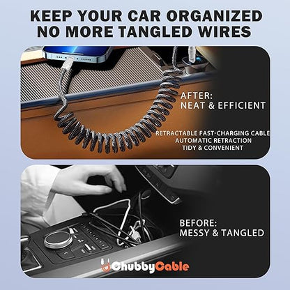 chubbycable Curly Chubby - Retractable Fast Charging Cable 240W Coiled Charger Cord for Car Durable USB-C Cable for Phones, Tablets and More, Purple+Purple, Type-C to Type-C, 1.3FT-2.3FT