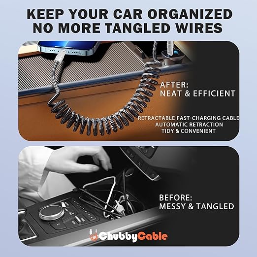 chubbycable Curly Chubby - Retractable Fast Charging Cable 240W Coiled Charger Cord for Car Durable USB-C Cable for Phones, Tablets and More, Yellow, Type-C to Type-C, 1.3FT-2.3FT