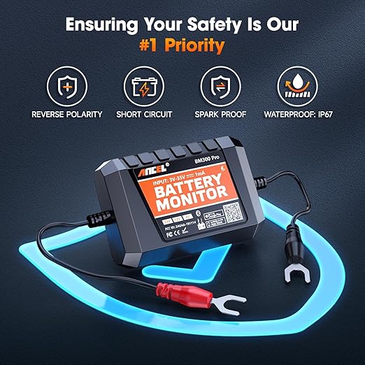 (Upgraded BM300) ANCEL BM300 Pro 6V 12V 24V Battery Monitor - Bluetooth 5.3 Battery Monitor with Charging, Cranking System Test & Alarm - IP67 Waterproof Voltmeter for Trucks, Cars, Motorcycles, Boats