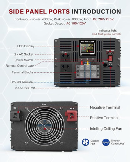 4000 Watt Pure Sine Wave Power Inverter DC 12V to 110/120V AC with 2 AC Charger Outlets and Wiring Terminal 8000W Peak Car Solar Converter for Vehicle Home with LCD Display and QC3.0 USB Charging Port