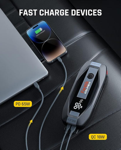 FANTTIK T8 APEX 2000 Amp Jump Starter, 65W Two-Way Fast Charging, for Up to 8.5L Gas and 6L Diesel Engines, Digital Screen, 12V Car Battery Booster Standard Package-Yellow