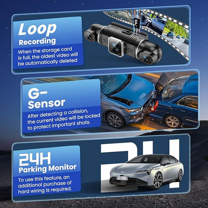Dash Cam 4 Channel 360° Coverage - Front 4K + Triple 1080P HD Car Camera Built-in WiFi Car Camera with App, G-Sensor/Night Vision/Parking Mode/Loop Recording Free 64GB SD Card