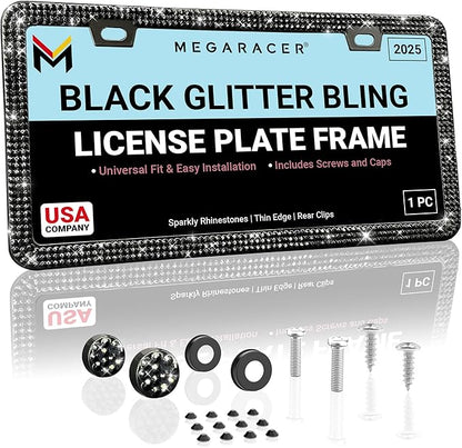 Elegant Bling License Plate Frame for Women - 1 Pack, 800 Premium Black Rhinestones, Rust-Free Stainless Steel, Street Legal Slim Design, Sparkly Diamond Car Tag Holder with Glitter Crystal Covers