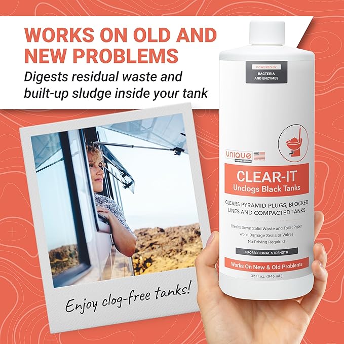 Unique Clear-It RV Black Tank Unclogger Liquid - Breaks Through Pyramid Plugs, Compacted Tanks, and Clogged Pipes (32 oz)