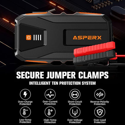 ASPERX 3000A Jump Starter for Car Battery, 12V Portable Jump Box with LED Light & Smart Jumper Cables, BMS for Up to 10.0L Gas or 8.0L Diesel Engines