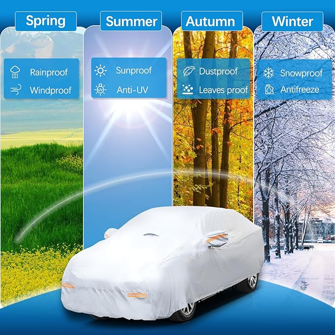 30 Layers Heavy Duty SUV Car Cover for Automobiles All Weather Waterproof, Outdoor Snowproof UV Protection Windproof, Door Zipper, Soft Cotton Universal Car Covers (Silver, Fit SUV 191"-200")