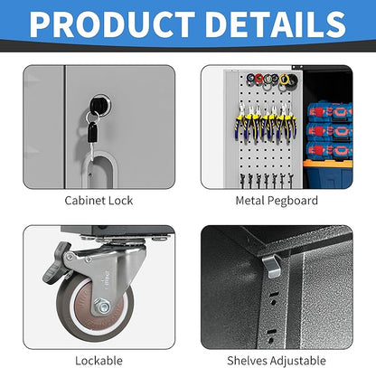 Garage Metal Storage Cabinet with Pegboard, 71'' Tall Storage Cabinet with Adjustable Shelves and Doors, Rolling Tool Cabinet on Wheels for Garage, Utility Room (Black & Grey)