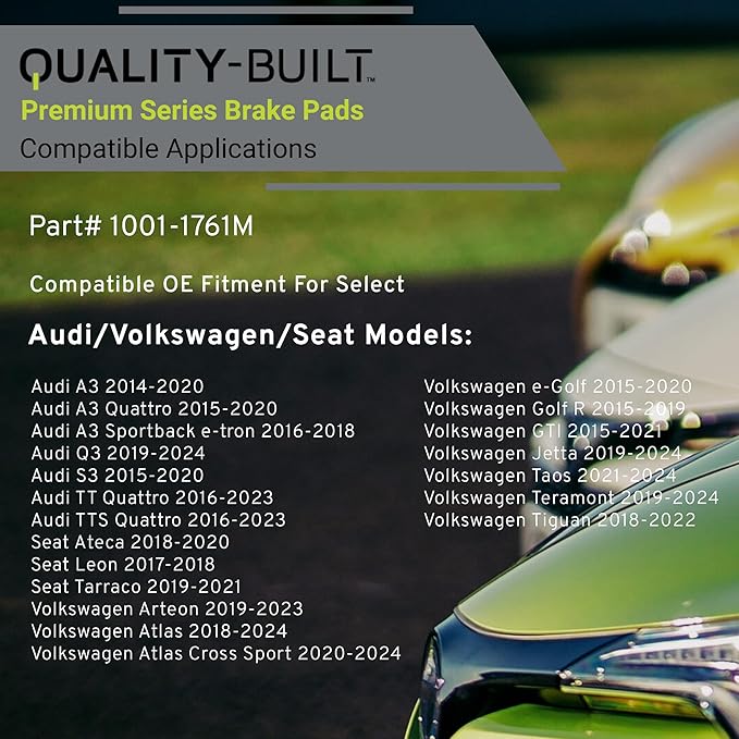 Premium Semi-Metallic Rear Brake Pads (1001-1761M) Compatible with 2014-2024 Audi/Volkswagen (A3/A3 Quattro/Golf R/GTI/Jetta/Q3/S3/Tiguan/TT Quattro/TTS Quattro & More)