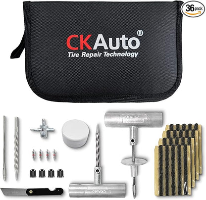 CKAuto Universal Tire Repair Kit, Heavy Duty Car Emergency Tool Kit for Flat Tire Puncture Repair, 36 Pcs Value Pack, Tire Plug Kit fit for Autos, Cars, Motorcycles, Trucks, RVs, etc.