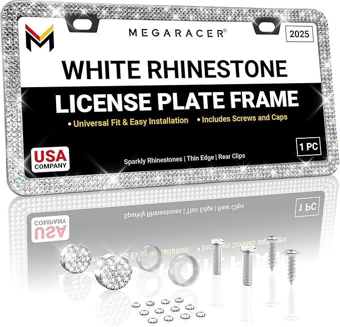 Sparkly Bling License Plate Frame for Women - 1 Pack, 800 Premium Rhinestones, Rust-Free Stainless Steel, Street Legal & Slim Design, Girly Bedazzled Diamond Car Tag Holder with Glitter Crystal Covers