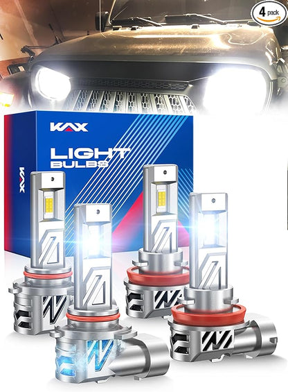 KAX 2025 10X Brightener 9005 H11 Led Bulbs Combo for Car Owners, 100000Lm HB3 H9 for Drivers at Night, H11 During Bad Weather, HB3 H8 1:1 Real Size, 100000 Hours Lifespan, 99% Fit Vehicles, 4 Pack