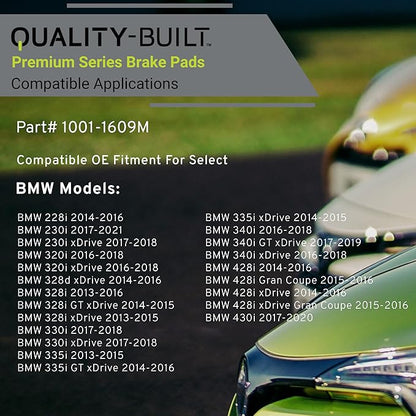 Premium Semi-Metallic Front Brake Pads (1001-1609M) Compatible with 2013-2023 BMW (228i/230i/320i/328i/330i/335i/340i/428i/430i/435i/440i/ActiveHybrid 3/M2/M235i/M240i/M3/M4 & More)