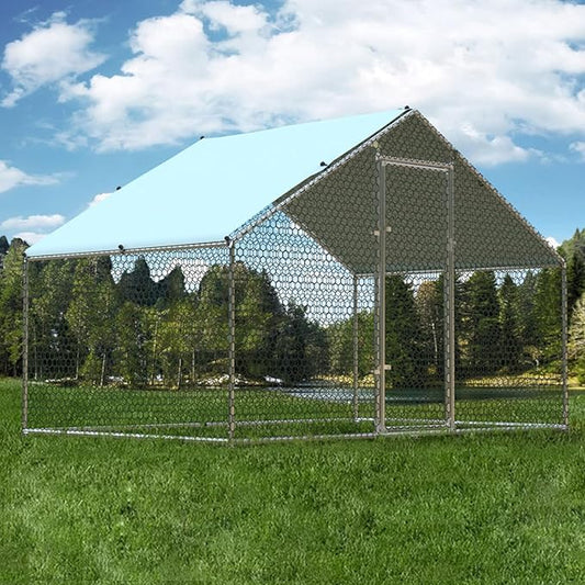 1.26’’ Large Metal Chicken Coop Walk in, Chicken Pen for Chickens, Outdoor Chicken Runs Coops Dog Kennel, Spire Roofed Chicken Runs for Yard with Anti-Ultraviolet Cover(9.8’Lx6.6’Wx6.4’H)