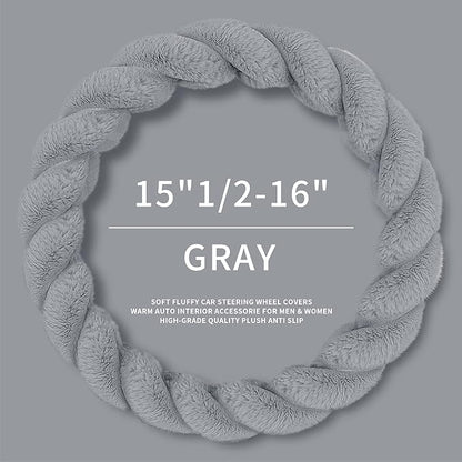 Luxury Fluffy Winter Car Steering Wheel Cover for Women Soft Warm Cute Auto Accessories for Jeep, Truck, Van, F150, Universal, Fuzzy, Anti Slip, Gray, Large Size, 15.2-16in