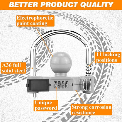 Funmit Trailer Lock Universal Hitch Lock with Combination Lock, fit 1-7/8", 2", 2-5/16" Coupler, Camper Accessories for Travel Trailers Boats Trucks Rvs Grey