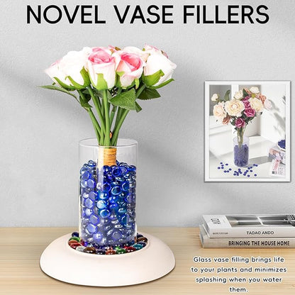 1 LB Blue Glass Marbles, Mini Flat Glass Beads~150 PCS for Vase Fillers, Floral Bottom Mancala Gems Pebbles Fish Tank Rocks for Table Aquarium,Home Decor Art Craft Supplies(0.5"~0.7")