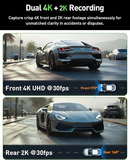 Dash Cam Front and Rear,4K+2K Dash Camera for Cars with STARVIS Sensor,Built in 5GHz Wi-Fi, Free 64GB Card Included, Dual Dashbord Dashcam,Night Vision,Emergency Lock, Parking Mode