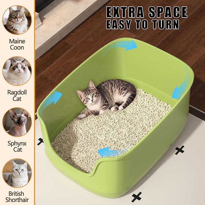 Gefryco Large Cat Litter Box with High Sided 24.6"x18.3"x12.2" - Jumbo Extra Large Open Anti - Splashing High Wall for Multiple Cats (Green)