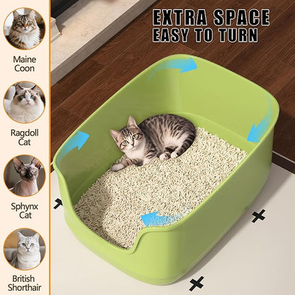 Gefryco Large Cat Litter Box with High Sided 24.6"x18.3"x12.2" - Jumbo Extra Large Open Anti - Splashing High Wall for Multiple Cats (Green)
