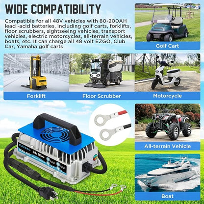 KAISAL 48V Charger 1250W 18A Golf Cart Battery Charger for 48 Volt Club Car/EZGO/Yamaha Onboard Lead-acid Golf Cart Charger with M8 Terminal for all 48V Vehicles, Forklift, Floor Scrubber, Motor, Boat