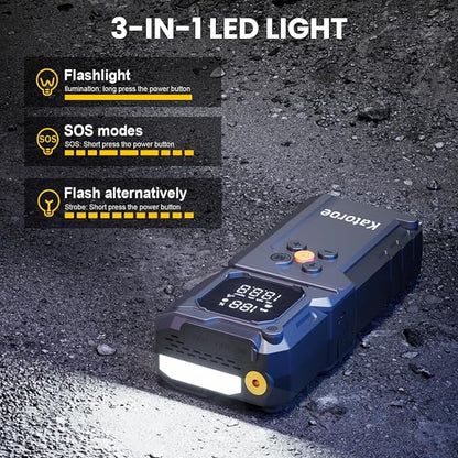 Jump Starter with Air Compressor, 5000A Jump Starter Battery Pack with 150PSI Tire Inflator, Portable Air Compressor, 12V Jump Starter for 9.0L Gas 7.0L Diesel Engines, Jumper Cables, Flashlight
