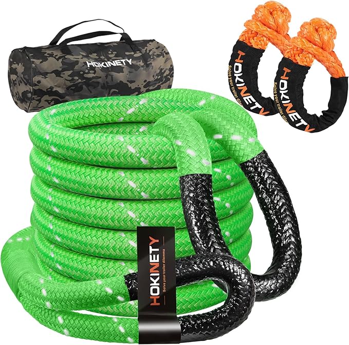 Kinetic Recovery Tow Rope: 1.26" x 30ft 55000LBS Reflective Snatch Strap with Soft Shackles Heavy Duty Offroad Towing Straps Kit for Trucks SUV UTV ATV Tractor Car Jeep - Neon Green