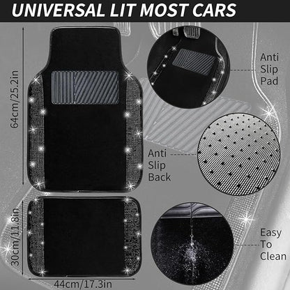 NBTEPEM Black Bling Car Floor Mats Full Set, Universal Fit Most Cars,SUV, Trucks, 4 pcs Sparkle Glitter Diamond Carpet for Women Girls with Anti-Slip Pad (Black Diamond)