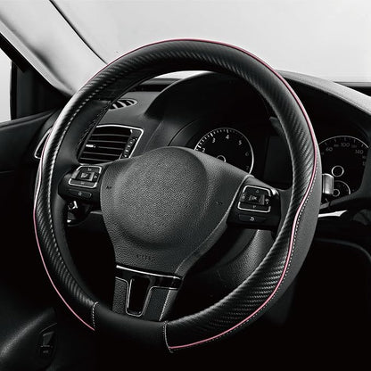 PIC AUTO Steering Wheel Cover, Pink Piping Leather, Sports Carbon Fiber and Super Breathable Leather, Universal 14.5-15.5 Inch Anti-Slip Steering Wheels Accessories for Men & Women