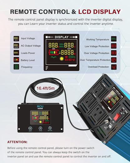 2000 Watt Inverter Pure Sine Wave DC 12V to 110V AC Power Inverters with 3 AC Charger Outlets, Car Inverter Solar Power Inverters for Vehicles Home with LCD Display and 2.4A USB Charging Ports