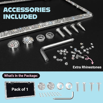 Dazzling Bling License Plate Frame for Women - 1 Pack, 800 Premium Rhinestones, Rust-Free Stainless Steel, Street Legal Slim Design, Sparkly Diamond Car Tag Holder with Glitter Crystal Screw Covers