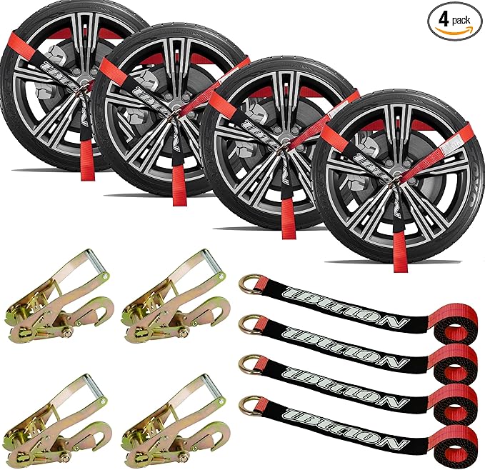4 Pack Car Tie Down Straps for Trailers - 2" x 96" - 3,300 lbs Safe Working Load -Adjustable Wheel Straps for Hauling Cars.