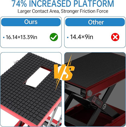 Hydraulic 350LBS Motorcycle Lift Jack - Foot-Pump Scissor Lift Table with Safety Lock, Wheels & Oil Drain Hole - Height Adjustable 13.78-34.25" for ATV, Dirt Bike, Cruiser Maintenance Red